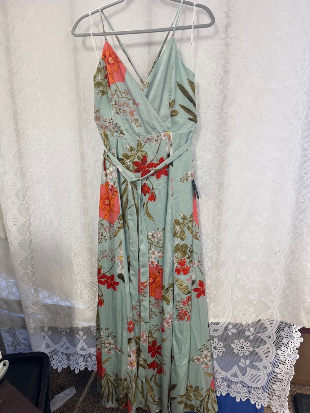 Lulus Floral Maxi Wrap Dress in Light Aqua with Coral Blooms NWT L